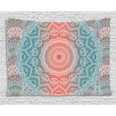 Coral and Teal Tapestry, Modern Tribal Mandala Tibetan Healing Motif with Floral Geometric Ombre Art, Wall Hanging for Bedroom Living Room Dorm Decor, 60W X 40L Inches, Coral Teal, by Ambesonne   
